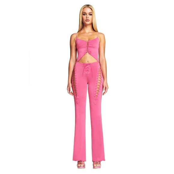 I.AM.GIA Pants - I.AM.GIA Nyx Hot Pink Jersey Lace-Up Cut-Out Low Rise Flared Pants, Size XXS